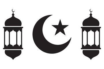 Islamic lantern and crescent moon with star silhouette icon on white background

