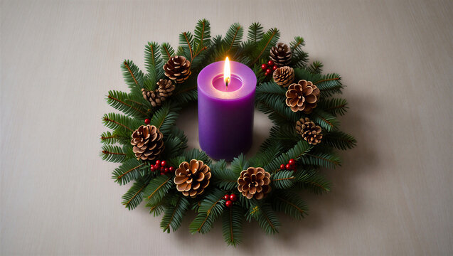 A single lit purple advent candle sits in the center of a festive evergreen wreath adorned with pinecones and red berries against a neutral background
