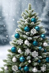 Christmas tree decorated with ornaments and falling snow