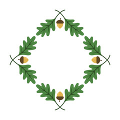 Oak leaves. Wreath of oak leaves. Autumn wreath. Acorn. Oak leaf ornament. Logotype. Oak branch and acorns. Vector illustration in doodle style. Leaf. Floral logo template. Natural products. Forest