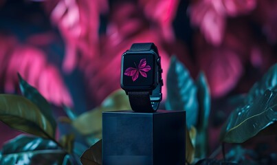 Smartwatch with pink leaf display on pedestal surrounded by vibrant foliage in stylized tech composition.