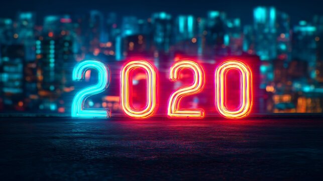 Neon-lit "2020" sign against a vibrant city skyline, symbolizing the new year with a modern, festive atmosphere. - Powered by Adobe