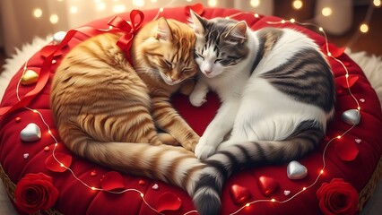 “Two adorable domestic cats peacefully sleeping together on a soft red blanket, warm morning light, cozy home interior, high-detail fur texture, soft depth of field, premium stock photography