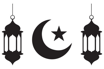 Islamic lantern and crescent moon with star silhouette icon on white background
