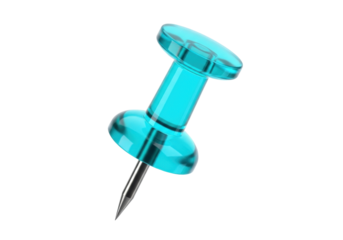 Isolated cyan push pin, a thumbtack with translucent plastic cap, and a sharp silver pin
