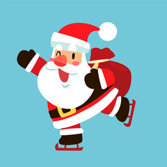 Cute Santa ice skating with gift bag Christmas illustration