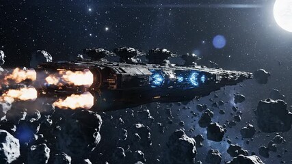 Futuristic Spaceship Flying Through Asteroid Field, Showing Engines Firing and the Moon Visible, Creating a Science Fiction Scene - Powered by Adobe