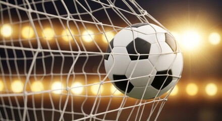 Soccer ball scoring a goal in stadium net at night