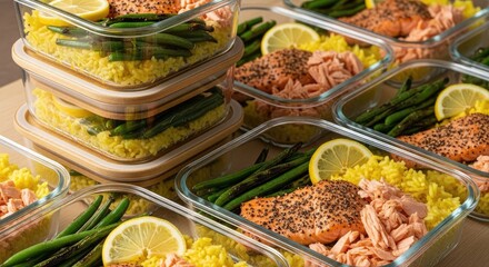 Healthy Meal Prep - Salmon, Rice, and Green Beans in Containers.
