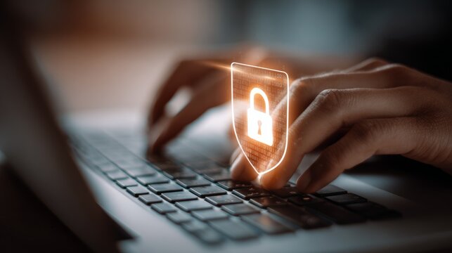 Typing on laptop with digital security shield icon - Powered by Adobe