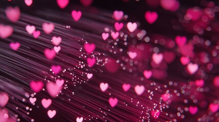 Glowing pink hearts flying through abstract fiber lights