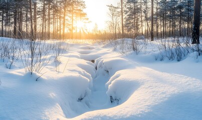 Snow-covered forest landscape with golden sunrise light and narrow trench in serene winter scene