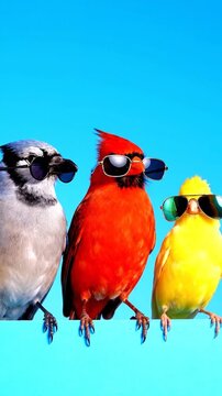 Three vibrantly colored birds wearing sunglasses, posing against a stark blue backdrop