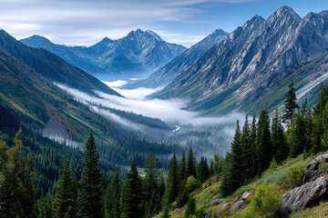 Fototapeta premium Misty Mountain Valley with Evergreen Forest and Peaks