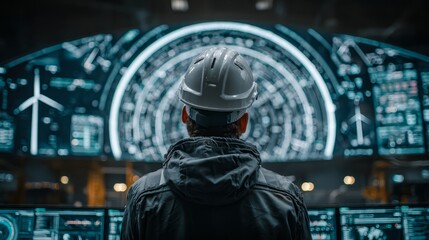 Engineer monitoring renewable energy systems in control room