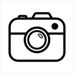 Black and white line art camera icon for photography and media, isolated on
