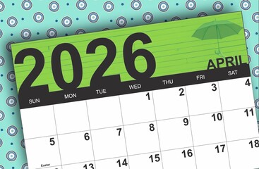 April 2026 Calendar Card on Teal Retro Circle Pattern Background