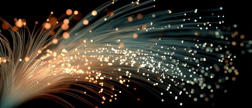 Abstract glowing fiber optic cables on black background - Powered by Adobe
