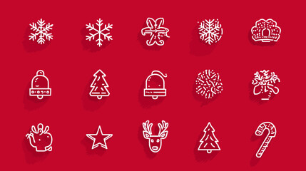 Naklejka premium Festive Christmas Outline Icons Collection with Long Shadow on Red Background. Winter Holiday Decorations Elements Set.