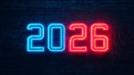 A vibrant neon display of the year "2026" in blue and red against a dark background.