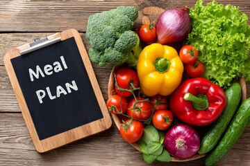 Meal plan writing with fresh vegetable selection for healthy diet