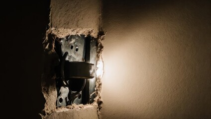Damaged electrical outlet box in a wall with exposed wires and light.