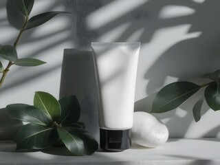Elegant white cosmetic tube for lotion or cream, styled with natural leaves and soft shadows for a spa-like, clean beauty product promotion