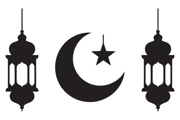 Islamic lantern and crescent moon with star silhouette icon on white background
