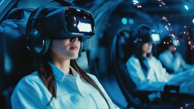 Immersive Virtual Reality Experience: A person wearing a virtual reality headset and enjoying a futuristic, immersive experience with the light reflection in eyes.