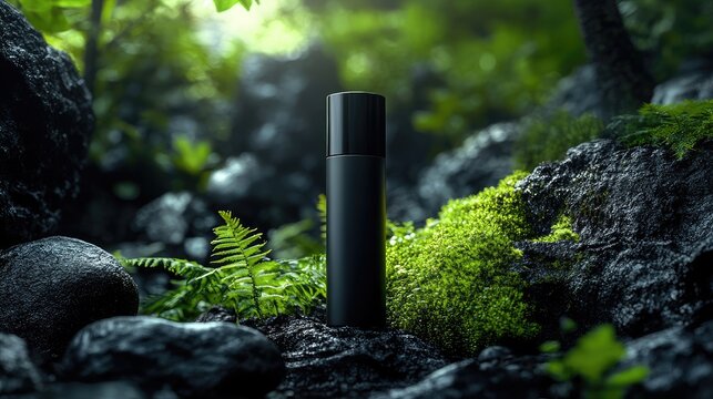 Elegant black bottle mockup showcased amidst lush greenery and natural stones