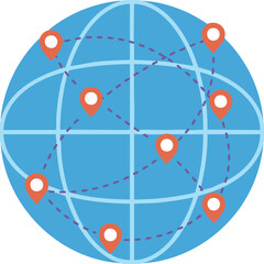 Blue globe with location pins and dotted paths, representing worldwide connections, global logistics, and international communication routes