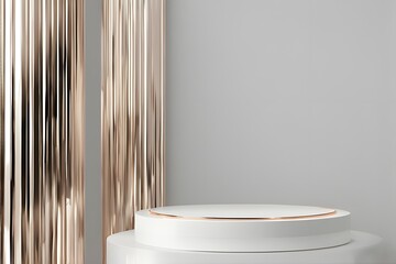 Elegant white podium with golden accents for product displays, a modern and chic design perfect for showcasing luxury items and beauty products now