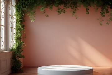 Modern interior mockup with soft pink wall, lush green vines, and sunlight creates a serene space for showcasing your product or design with natural elegance