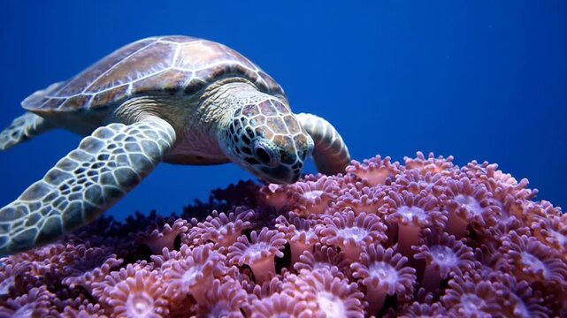 Coral polyps and a sea turtle in the deep blue ocean water