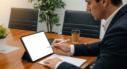 Professional man in a suit working on a tablet a blank screen stylus in a corporate office
