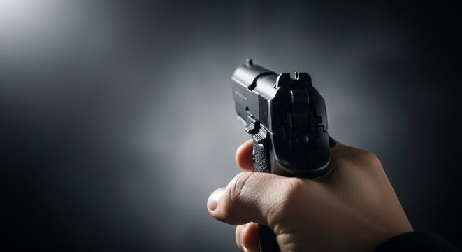 Hand aiming black pistol in dramatic lighting - Powered by Adobe