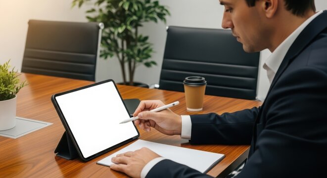 Professional man in a suit working on a tablet a blank screen stylus in a corporate office