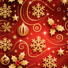 Christmas seamless pattern with golden snowflakes, holly leaves, stars and baubles on red background. Festive decorative winter design.
