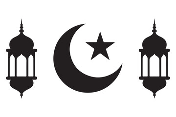 Islamic lantern and crescent moon with star silhouette icon on white background
