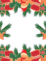 Christmas frame design Green pine trees, fir branches, red berries, Christmas gingerbread, Greeting banner template, invitation