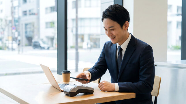 Young Asian businessman making a contactless payment with his smartphone at a cafe using mobile payment technology for a modern business transaction