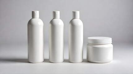 Elegant white cosmetic bottles for shampoo, lotion, and creams on a clean background show beauty, care, and hygiene products for skincare brands