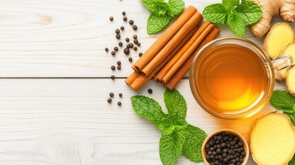 Herbal immunity tea flat lay with cinnamon sticks, mint leaves, ginger slices, and black pepper on wood