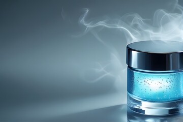 Luxurious skincare cream with a cool, hydrating effect in a sleek jar, perfect for a modern beauty or wellness campaign, promoting freshness and rejuvenation