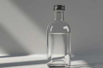 Elegant glass bottle with clear liquid on a bright background, perfect for showcasing beverage products or emphasizing purity and health, stunning simplicity