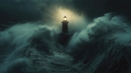 Obraz premium Beacon of Hope: Lighthouse Shines Through a Turbulent Ocean Storm