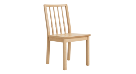 Isolated light wood chair with straight back, simple seat design and no arm rests, neutral tones