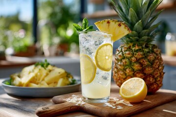 Refreshing pineapple lemon drink with ingredients on wooden board