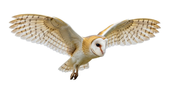 Isolated barn owl with wings spread, facing forward, a bird of prey in flight - Powered by Adobe