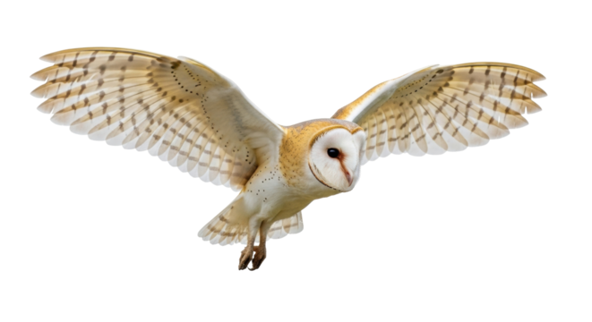 Isolated barn owl with wings spread, facing forward, a bird of prey in flight